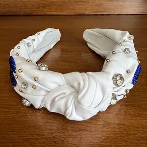 Elegant White Headband with U.S.A. letters Clear Rhinestones/Gold Beads